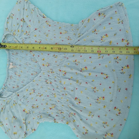 Mint Green Babydoll Floral Top Evolutionary Apparel Puff Sleeve V-Neck Size M - Picture 6 of 9